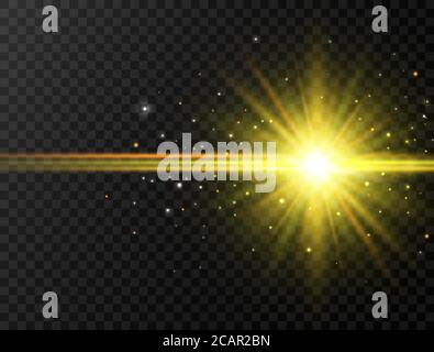 Star burst with beams and sparkles on transparent background. Sun flash with rays and spotlight. Glowing effect. Colorful lens flare. Explosion star. Stock Vector
