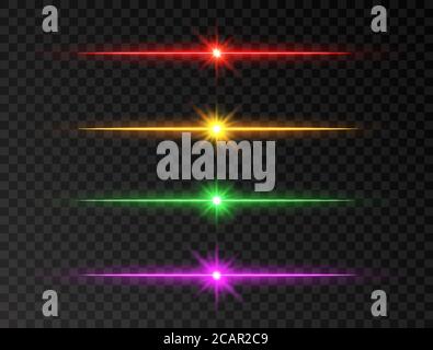 Neon line set. Color shine beams. Glowing line set on transparent background. Realistic lens flare set. Flash with rays and spotlight. Glow lights, st Stock Vector