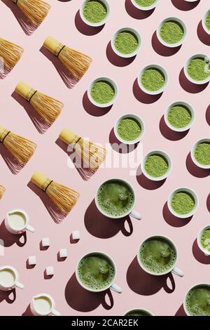 Pattern with tools for making vegan matcha latte with oat milk Stock Photo