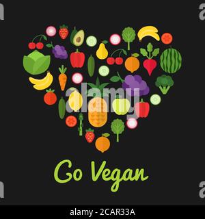 Go vegan design. Healthy food concept. Heart shape filled with collection of fresh healthy fruits and vegetables. Organic products template. Vegetaria Stock Vector