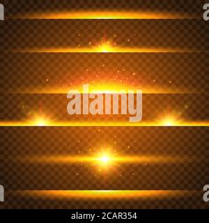 Realistic lens flare set. Collection of gold light effects on transparent background. Flash with rays and spotlight. Glowing lights, stars and sparkle Stock Vector