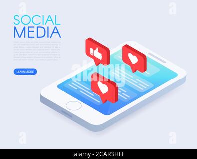 Social chat concept with isometric phone and likes. Isometric phone with push notifications. Social media design. Screen with modern gradient. Communi Stock Vector