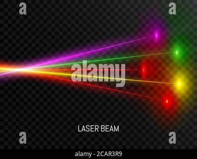 Colorful laser beam set isolated on transparent background. Neon lines in speed motion. Laser beam collection. Bright futuristic design elements. Vect Stock Vector