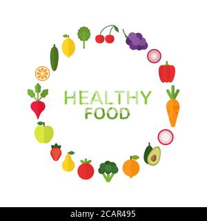 Healthy food concept. Diet and organic food template with flat fruits, vegetables and copyspace. Fresh vegetables and fruits design. Vector illlustrat Stock Vector