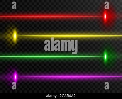 Laser beam set. Colorful laser beam collection isolated on transparent background. Neon lines. Glow party laser beams abstract effect. Bright futurist Stock Vector