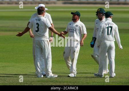 Nottinghamshire County Cricket Club, Trent Bridge, West Bridgford, Nottingham, Nottinghamshire, 8th August 2020. Bob Willis Trophy - Nottinghamshire County Cricket Club v Yorkshire County Cricket Club, Day 1. Chris Nash of Nottinghamshire County Cricket Club celebrates taking the wicket of Harry Brooks of Yorkshire with his team mates. Credit: Touchlinepics/Alamy Live News Stock Photo