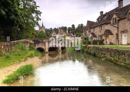 A famous bridge of English countryside village of Castle Combe in Cotswolds, UK Stock Photo