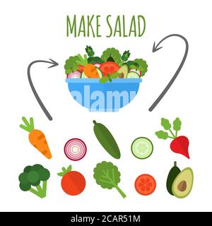 Salad with fresh vegetables in blue bowl isolated on white background. Make salad concept. Applicable set of vegetables. Vegan menu. Vector illustrati Stock Vector