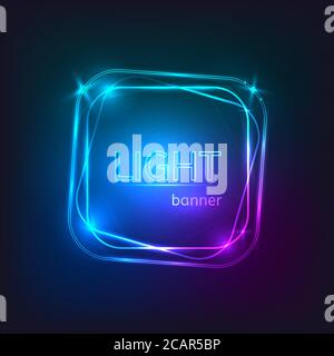 Light square banner. Square frame with glowing and lights. Bright banner design on dark backdrop. Neon abstract background with flares and sparkles. Stock Vector