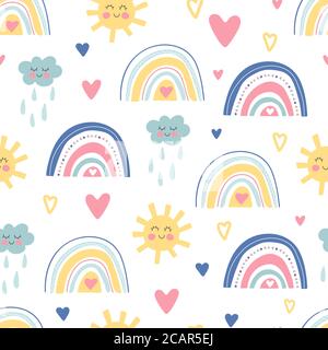 Cute kids nursery. Hand drawn seamless pattern with rainbows, smiling clouds, sun and hearts. Sky background. Baby shower. Doodle design for wallpaper Stock Vector