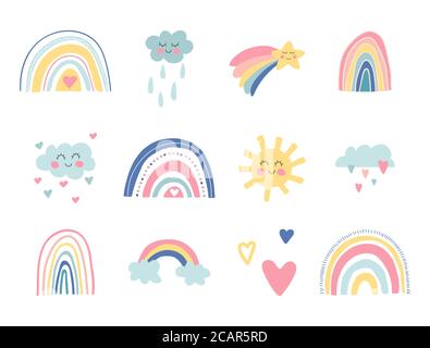 Cute kids nursery collection. Hand drawn rainbows, sun, funny clouds, stars, hearts. Sky background. Baby shower. Lovely cartoon rainbows for wallpape Stock Vector