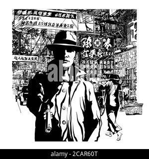 Gangster with a gun in chinatown - vector illustration (Ideal for printing on fabric or paper, poster or wallpaper, house decoration) All chines carac Stock Vector