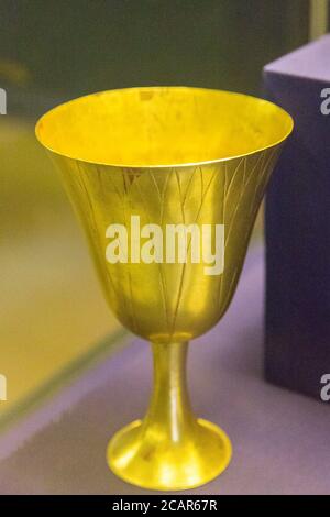 Egypt, Cairo, Egyptian Museum, dishes found in the royal necropolis of Tanis, burial of Psusennes : Gold cup in the shape of a lotus flower. Stock Photo