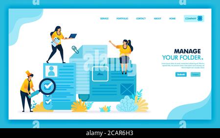 People search files data with magnifying glass in folder, easy tidying up and organizing file and document in folder, find errors and problem in file Stock Vector