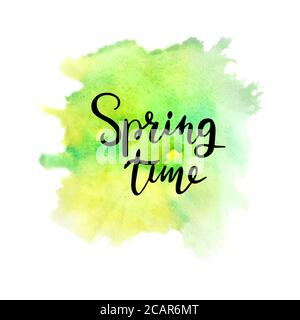 Green and yellow watercolor splash. Spring time watercolor background. Vector illustration. Stock Vector