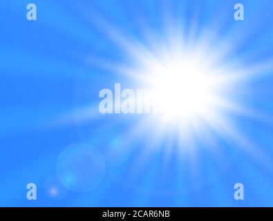 Realistic shining sun on blue background. Sun with lens flare. Vector illustration. Stock Vector