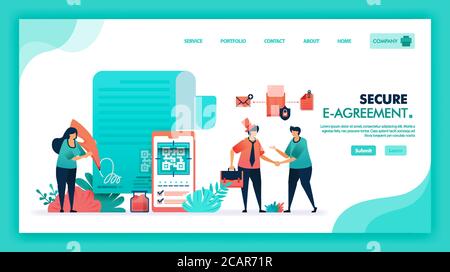 Secure digital agreement with password and QR code or barcode, People handshake to agree sign e-document with digital feather pen, digital signature c Stock Vector