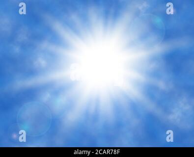 Sky background with clouds, shining sun, sun rays. Sunny background Summer design. Vector illustration. Stock Vector
