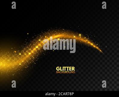 Glowing golden wave. Glitter gold curved lines. Star dust. Sparkling magic wave with bright particles. Fire glare swirl effect. Glowing curved line. L Stock Vector