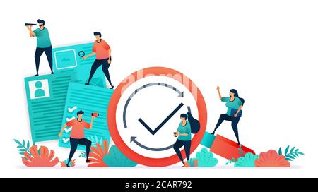 Check and balance labor recruitment documents, surveys, tests, questionnaires, voting. Agree or approve with agreement and contract arguments. Tick or Stock Vector