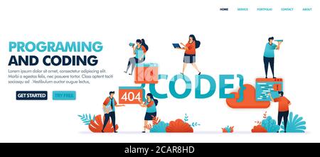Coding and programming to find bugs in code set in solving error problems, 404, not found. Programming for software and mobile apps. Human vector illu Stock Vector