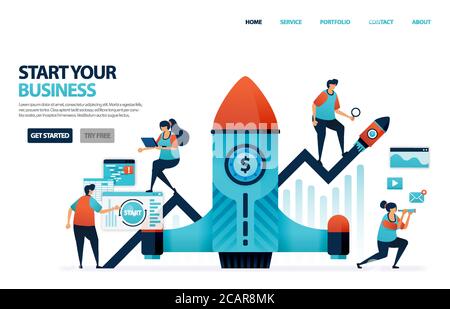 Start a business with planning profit and benefit strategy to community. Launch startup to help solve social problem . launch a rocket into space. Hum Stock Vector