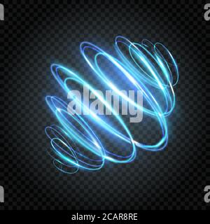 Neon blue swirl. Circle light line with tracing effect. Swirl trail. Bright spiral in speed motion. Light painting effect. Abstract luminous rings. Ve Stock Vector