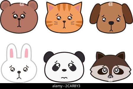 Vector illustration of sorrowfully animal faces. Isolated on white background. Stock Vector