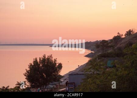 Summer Sunset in Berdiansk at the Embankment near the Azov Sea Stock Photo