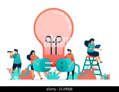 Light bulbs to light with electricity. connect plug and sockets.  metaphor of  ideas, inspiration, teamwork.  Creativity at business, independently in Stock Vector