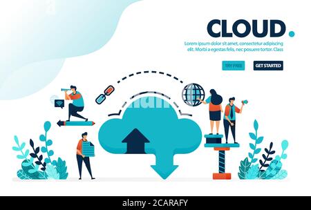 Vector illustration database and cloud. Internet download and upload to database system. Cloud hosting and storage rental services. Designed for landi Stock Vector