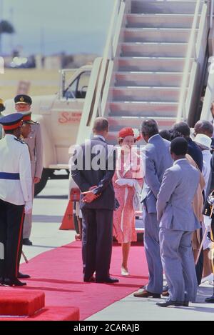 A smiling H.M. Queen Elizabeth II departure from Grantley Adams International Airport, Barbados via Concorde after a four-day trip. 1989. Stock Photo