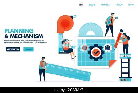 Planning a mechanism in business blueprint. Design company construction concept with standard operating procedures. Machine designs for goods producti Stock Vector