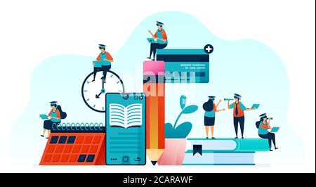 Vector illustration of Vector illustration of people learn to use e-books with mobile apps. read books with smartphone for online courses, webinar and Stock Vector