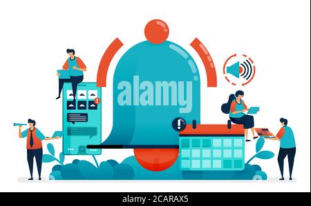 Notifications on calendar schedule for alarm. Friendly reminder for software. Notification message for mobile apps. Ring bell logo and symbol. Vector Stock Vector