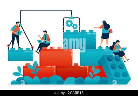 Compose lego games to teamwork and collaboration in work and business problem solving. Construction model for children leadership and partnership. Ill Stock Vector