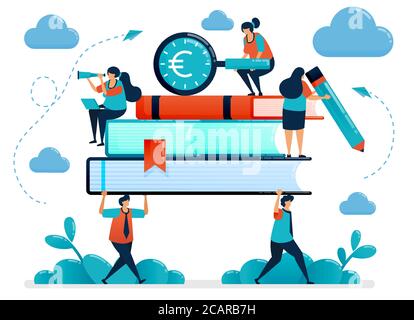 Metaphors of burden of education costs. Students carry heavy books. Looking for education funding. Free school scholarship  program. Vector illustrati Stock Vector