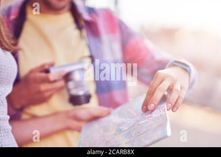 Adult happy tourists sightseeing Gdansk Poland in summer Stock Photo