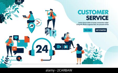 24 hour customer service to help users solve problems. Chatting service helps question with technical issue. Flat vector illustration for landing page Stock Vector