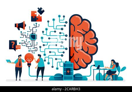 Artificial intelligence for problem solving. Artificial brain network system. Intelligence technology for question n answer, ideas, completing task, p Stock Vector