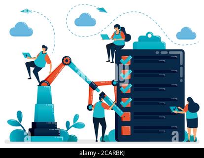 Artificial intelligence technology to make choices. Filling out survey, quiz, exam, application for vacancies. Robot arms help choose. Vector illustra Stock Vector