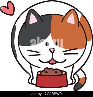Calico cat moving happily about to eat food. Vector illustration isolated on white background. Stock Vector