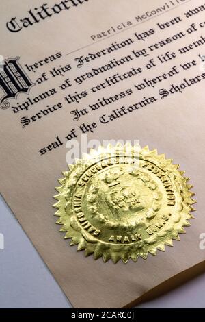1967 Certificate of Life Membership California Scholarship Federation, USA Stock Photo