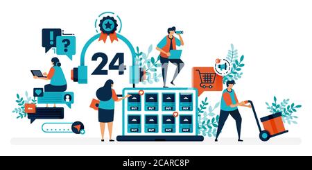 24 hour customer service to help users solve problems. Chatting service helps question with technical issue. Flat vector illustration for landing page Stock Vector