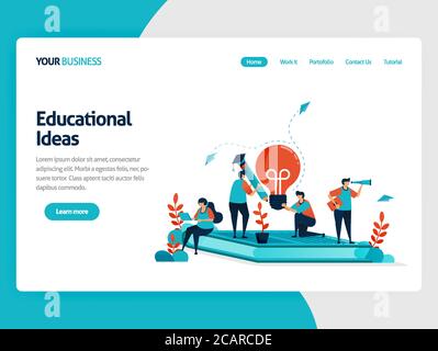 Ideas and inspiration in learning and education. People sitting on books. Modern online learning. Lamp bulb and pencil. Education business. Illustrati Stock Vector