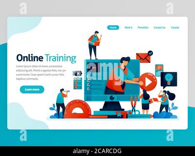 Vector illustration for online training landing page. Web and learning apps. Modern education, distance learning and elearning. Interactive courses an Stock Vector