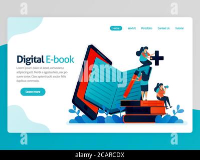 Vector illustration for digital ebook landing page. Mobile apps for reading, writing, studying. modern library platform. Online learning, language edu Stock Vector