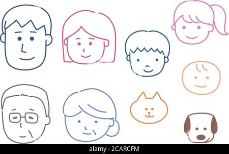 Diverse icons of Asian happy family. Vector illustration isolated on white background. Stock Vector