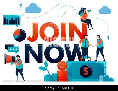 Join now poster for referral program. Promotion of we are hiring . Announcement for employee vacancy, recruitment. Flat character vector illustration Stock Vector