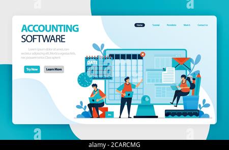 landing page of accounting software. Accounting process of recording financial transactions pertaining to business. summarizing, analyzing, and report Stock Vector
